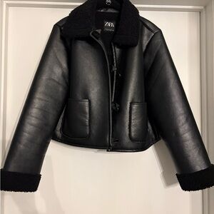 Zara Women's Black Faux Lambskin Jacket with Shearling Trim